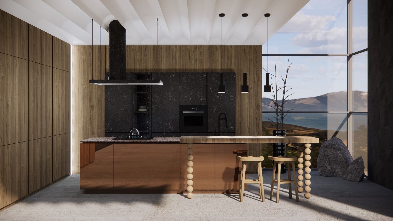 Modern calm kitchen interior with wood and stone palette